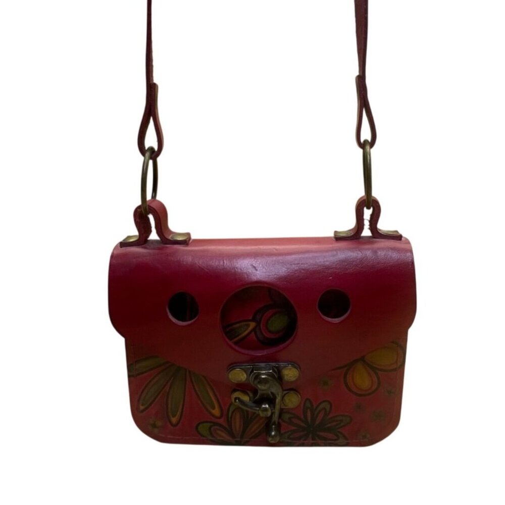 Handmade Women’s Red Leather Floral Brass Clasp Adjustable Strap Crossbody Bag